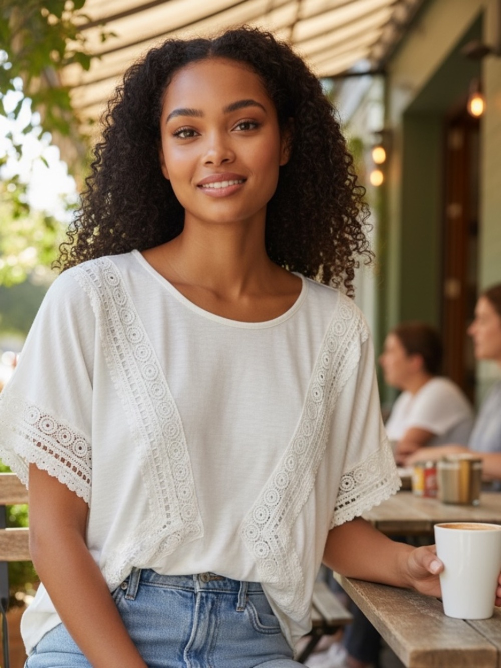I.N. Studio • White Crochet Lace Trim Boho Top • Plus Size 2X
